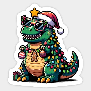 Tree-Rex Holiday Dinosaur - Christmas Tree T-Rex TreeRex Pun with Santa Hat, Lights and Ornaments Sticker